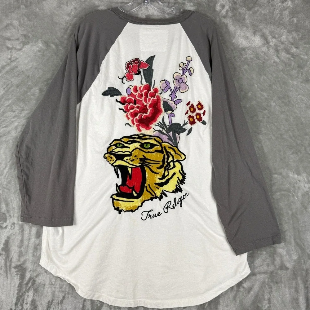 True Religion Baseball Tee‎ Tiger Floral Embroidered Graphic Long Sleeve XXXL